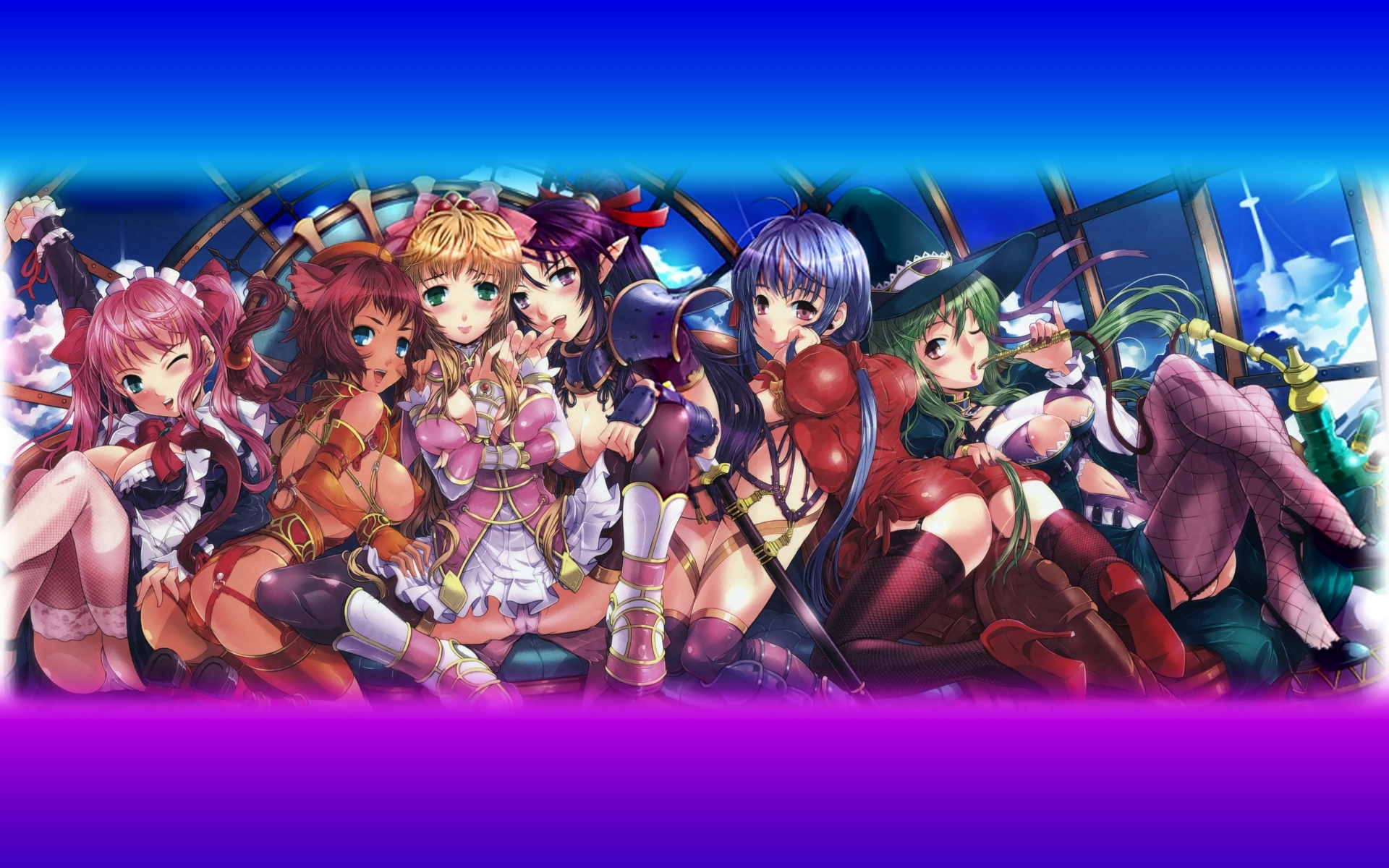 sonobe kazuaki, original, highres, 6+girls, animal ears, ass, blonde hair, blush, breasts, brown hair, cat ears, cat tail, dark-skinned female, dark skin, garter belt, hair ribbon, hat, high heels, large breasts, multiple girls, panties, pointy ears, ponytail, purple hair, purple panties, ribbon, shoes, sitting, tail, thighhighs, twintails, underwear, white panties, witch hat, yellow panties