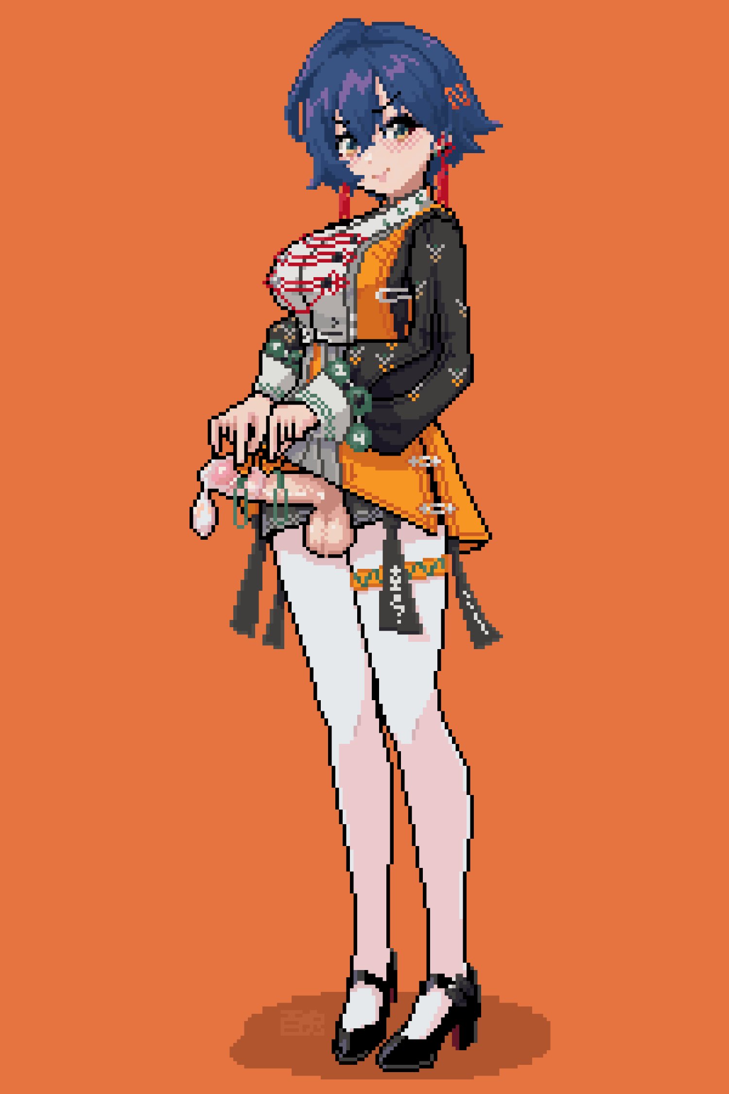 nakirikea, belle (delicate sunlight) (zenless zone zero), belle (zenless zone zero), zenless zone zero, commentary, highres, symbol-only commentary, 1girl, black shoes, blue hair, breasts, closed mouth, clothes lift, condom, condom on penis, dress, dress lift, erection, full body, futanari, hair ornament, high heels, large breasts, letter hair ornament, lifting own clothes, long sleeves, looking at viewer, official alternate costume, orange background, pantyhose, penis, pixel art, shoes, short hair, simple background, smile, solo, standing, testicles, uncensored, used condom, used condom on penis, white pantyhose