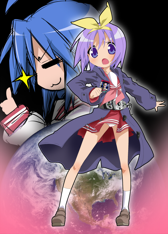 takeya yuuki, hiiragi tsukasa, izumi konata, kamen rider decade, hentai kamen, kamen rider, kamen rider dcd, lucky star, 2girls, :o, belt, card, coat, earth (planet), hair ribbon, holding, holding card, legs, multiple girls, panties, pantyshot, parody, purple hair, ribbon, school uniform, serafuku, socks, underwear