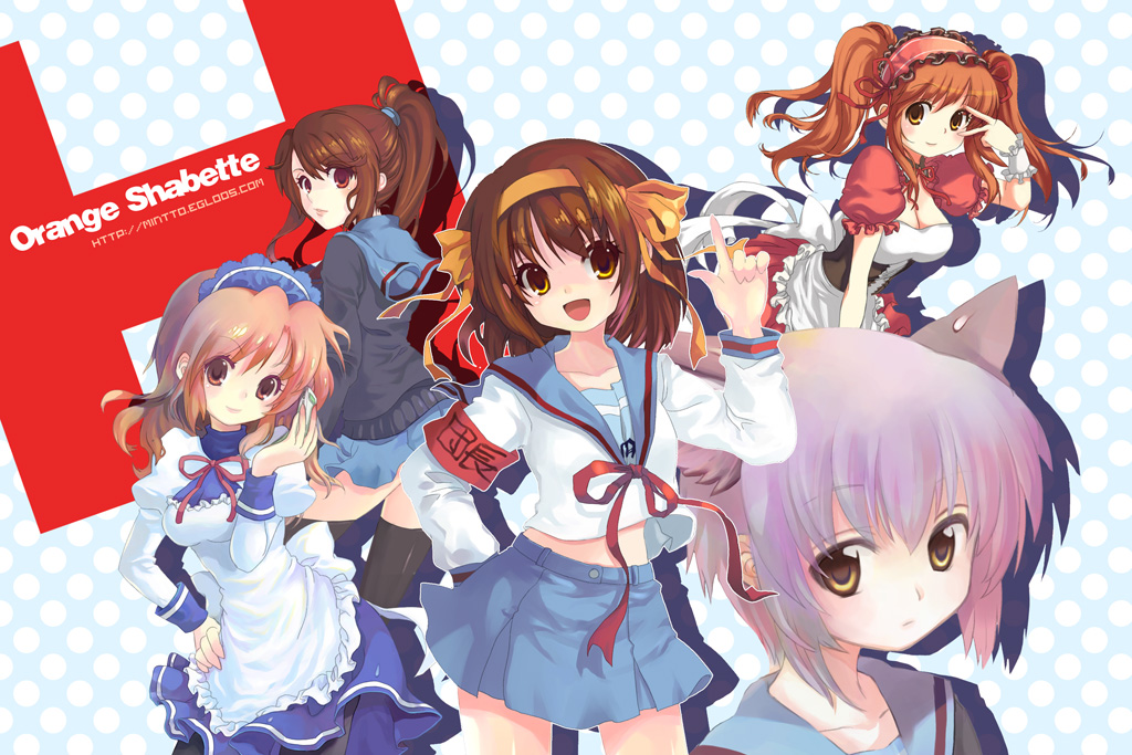 mintchoco (orange shabette), asahina mikuru, koizumi itsuki (female), kyonko, nagato yuki, suzumiya haruhi, suzumiya haruhi no yuuutsu, 00s, 5girls, animal ears, brown eyes, brown hair, cat ears, genderswap, genderswap (mtf), grey hair, hairband, long hair, multiple girls, ponytail, school uniform, serafuku, short hair, thighhighs, waitress