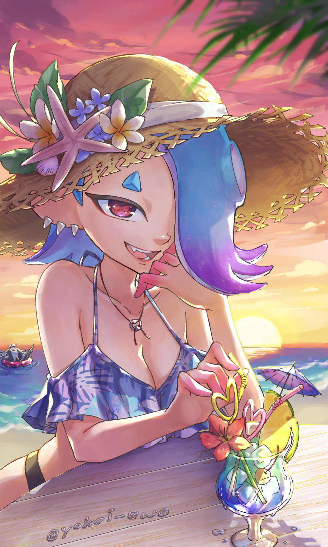 yokoi aya, big man (splatoon), shiver (splatoon), nintendo, splatoon (series), splatoon 3, commentary request, highres, 1girl, alternate costume, artist name, beach, blue hair, blurry, blurry foreground, breasts, cephalopod eyes, cleavage, collarbone, cup, drink, drinking glass, drinking straw, earrings, flower, gradient hair, gradient sky, hair over one eye, hat, hat flower, horizon, jewelry, long hair, multicolored hair, multiple earrings, necklace, octoling, open mouth, outdoors, purple hair, red eyes, short eyebrows, sky, smile, solo focus, straw hat, sun, table, teeth, tentacle hair, thick eyebrows, tooth earrings, two-tone hair