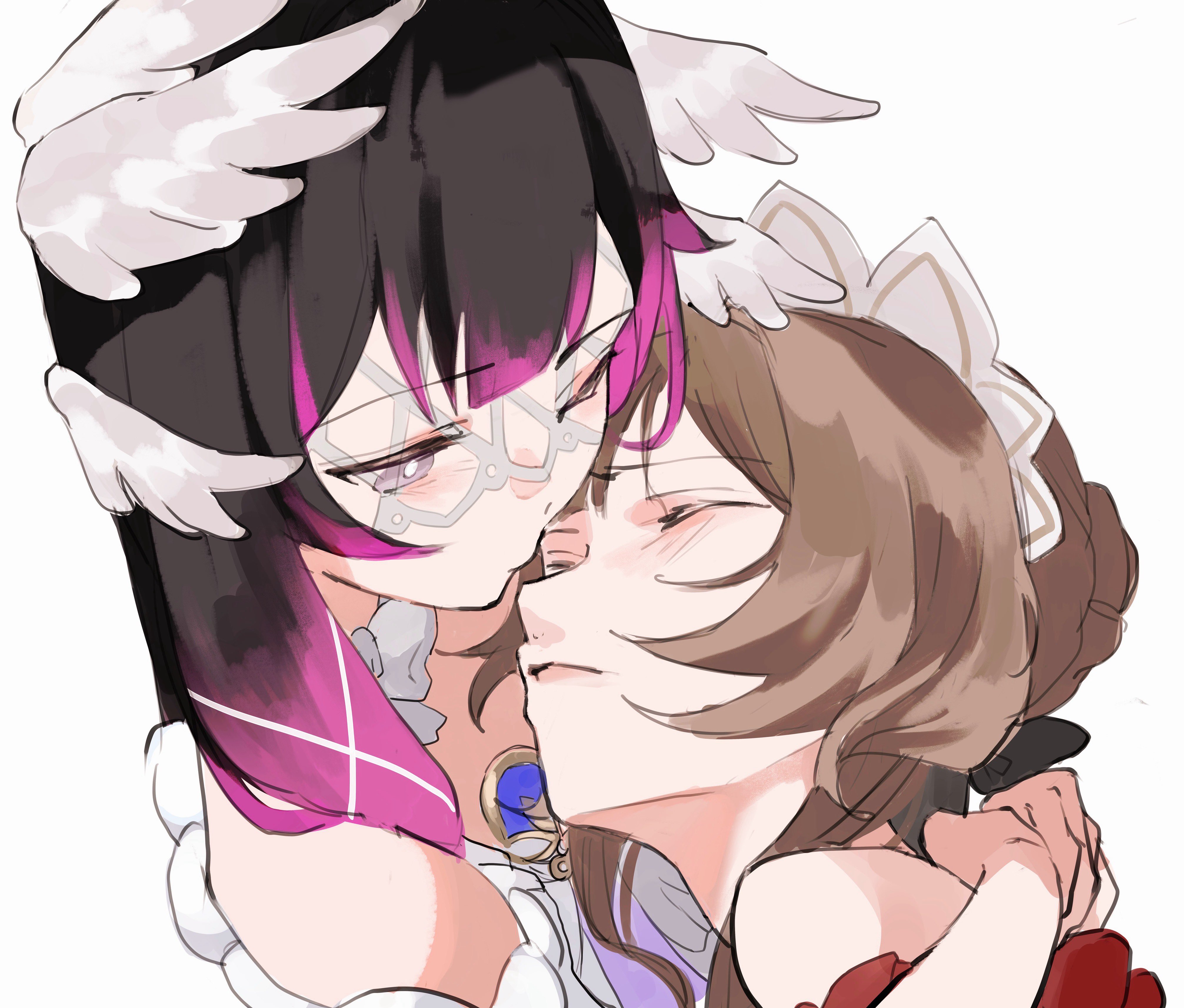 columbina (genshin impact), sandrone (genshin impact), genshin impact, absurdres, commentary request, highres, 2girls, black hair, brown hair, closed eyes, closed mouth, feathered wings, gradient hair, hand on another's shoulder, head wings, hug, long hair, multicolored hair, multiple girls, purple hair, sa 3987, simple background, unusually open eyes, white background, wings, yuri