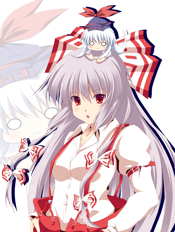 kurono yuzuko, yuuko (pixiv), fujiwara no mokou, kamishirasawa keine, touhou, bad id, bad pixiv id, 2girls, female focus, hat, multiple girls, red eyes, suspenders, white hair