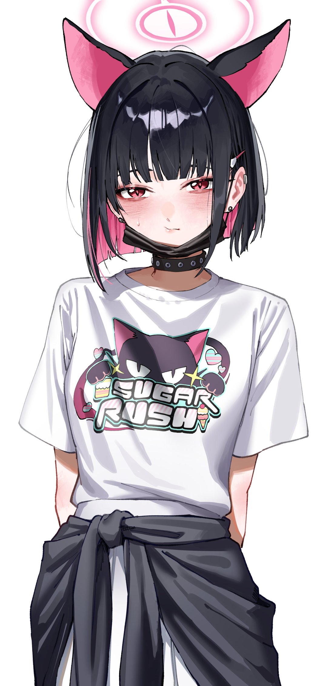 black cola, kazusa (band) (blue archive), kazusa (blue archive), blue archive, hashtag-only commentary, highres, 1girl, animal ears, arms behind back, black choker, black hair, cat ears, choker, clothes around waist, colored inner animal ears, colored inner hair, cowboy shot, extra ears, hair ornament, hairclip, halo, jacket, jacket around waist, looking at viewer, mask, mask pull, multicolored hair, official alternate costume, pink hair, pink halo, red eyes, shirt, short hair, short sleeves, simple background, skirt, small sweatdrop, solo, standing, two-tone hair, white background, white shirt