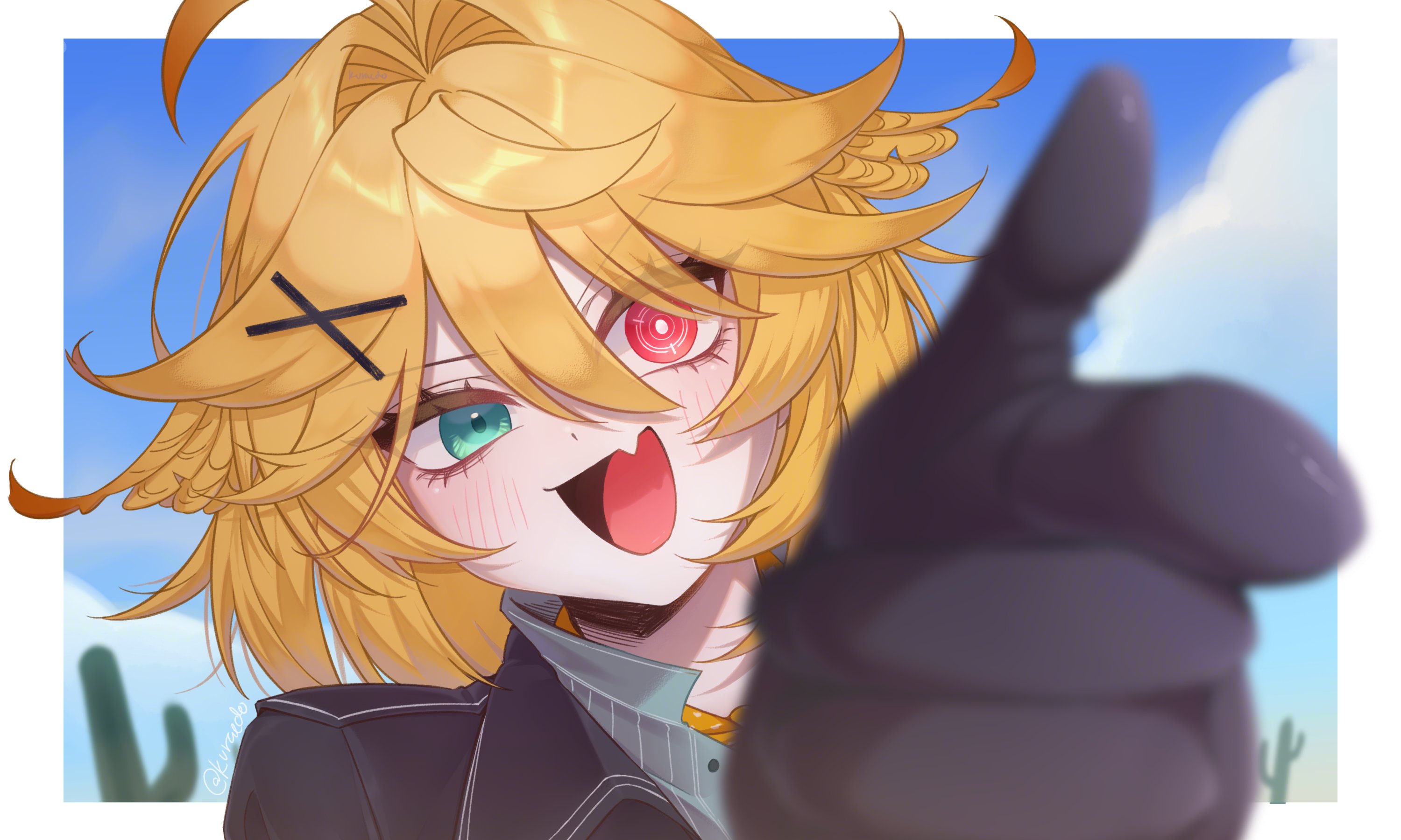kuraedo, dokibird, dokibird (bounty hunter), indie virtual youtuber, commentary, english commentary, highres, 1girl, black gloves, black jacket, blonde hair, border, double-parted bangs, fang, finger gun, gloves, green eyes, hair between eyes, hair ornament, heterochromia, jacket, looking at viewer, open mouth, outside border, pointing, pointing at viewer, portrait, red eyes, short hair, skin fang, smile, solo, virtual youtuber, white border, x hair ornament