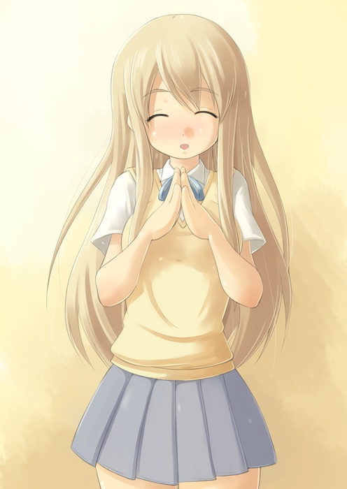 kourourin, kotobuki tsumugi, k-on!, 00s, 1girl, blonde hair, blush, closed eyes, female focus, gradient background, long hair, school uniform, solo