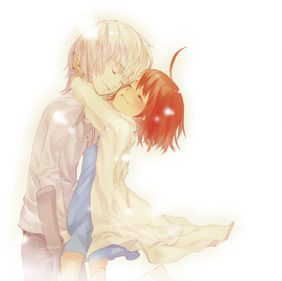 tautiki, accelerator (toaru majutsu no index), last order (toaru majutsu no index), toaru majutsu no index, toaru majutsu no index: old testament, silver hair, 00s, 1boy, 1girl, ahoge, barefoot, brown hair, cane, closed eyes, hetero, hug, short hair, smile