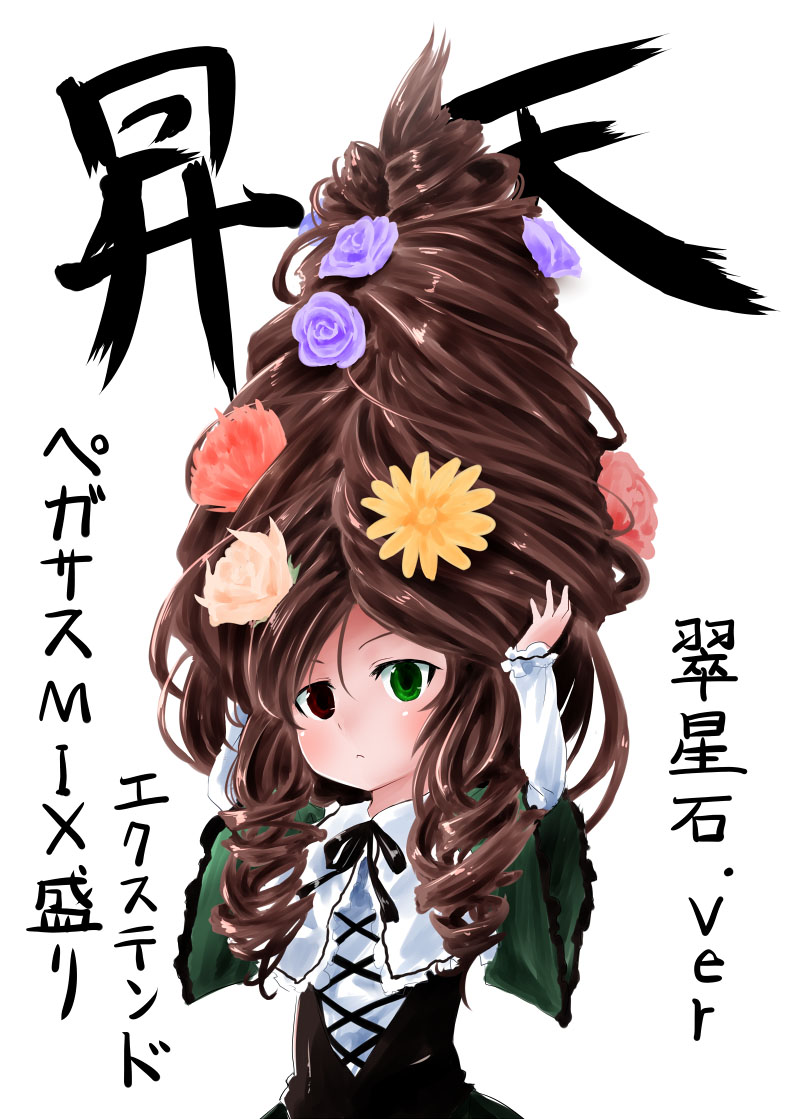 tousen, suiseiseki, rozen maiden, 00s, alternate hairstyle, brown hair, dress, flower, hair flower, hair ornament, hair up, heterochromia, long hair, shouten pegasus mix mori, solo, very long hair