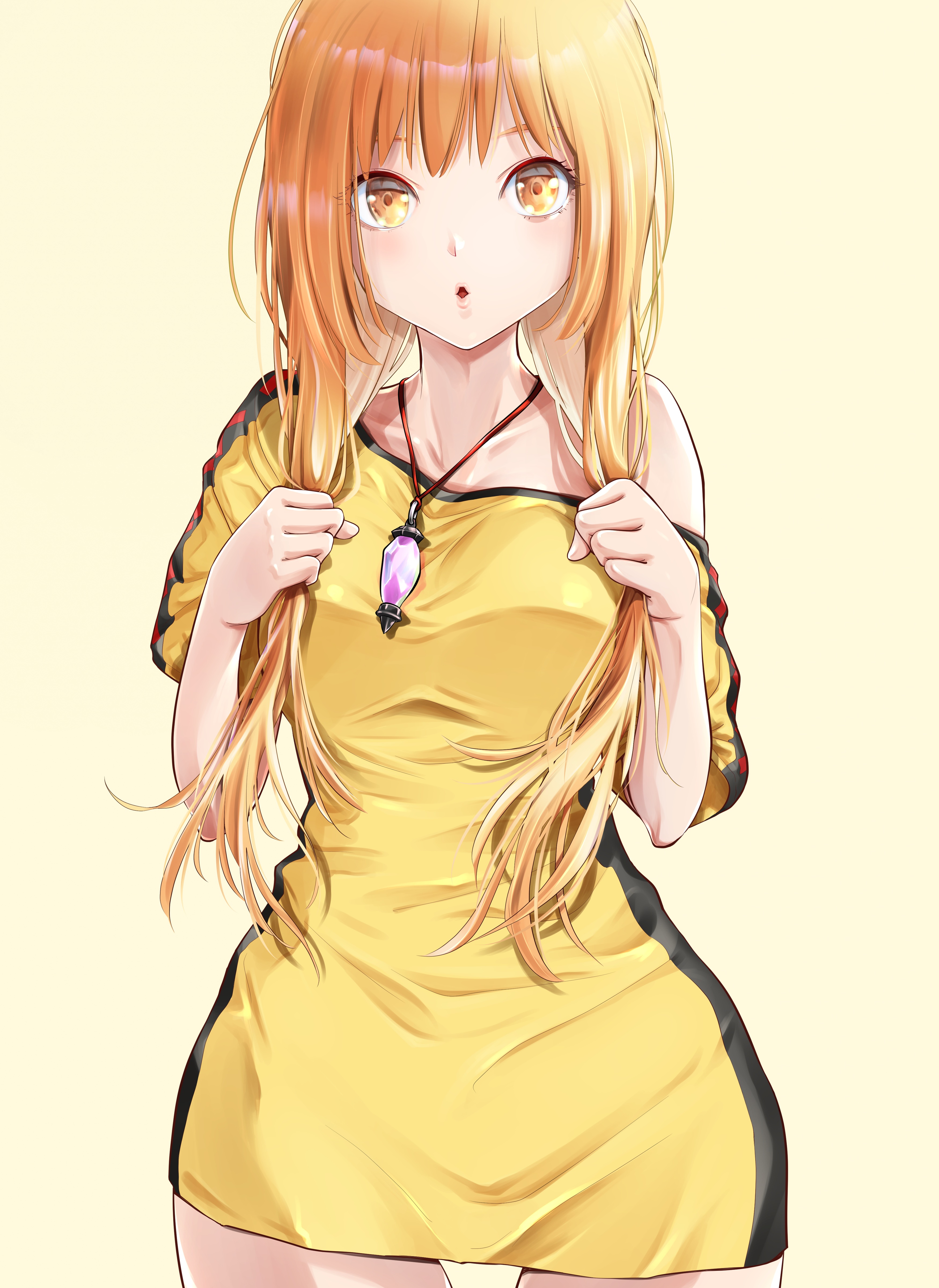 mizunocarbona, original, absurdres, commentary request, highres, 1girl, :o, blonde hair, breasts, cowboy shot, dress, holding, holding own hair, jewelry, long hair, looking at viewer, off shoulder, pendant, short dress, simple background, single off shoulder, solo, wide hips, yellow background, yellow dress, yellow eyes, yellow theme