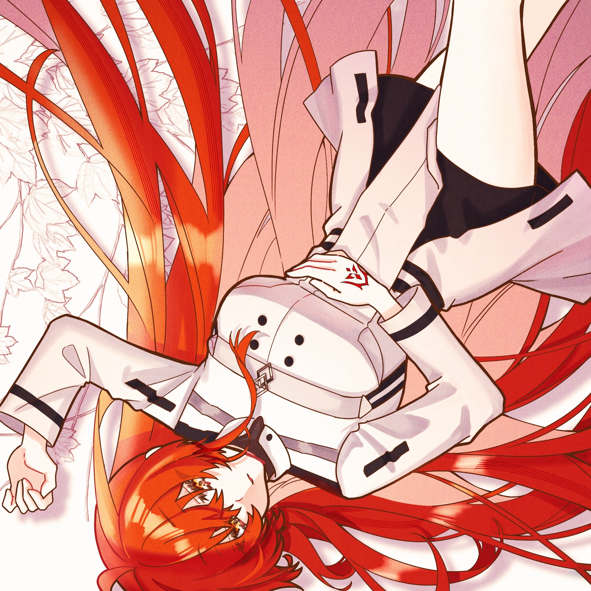 yutingfgo, fujimaru ritsuka (female), fujimaru ritsuka (female) (decisive battle chaldea uniform), fate/grand order, fate (series), commentary request, highres, 1girl, alternate hair length, alternate hairstyle, breasts, command spell, dress, hand on own stomach, large breasts, long hair, long sleeves, looking to the side, lying, on back, orange hair, parted lips, solo, very long hair, white dress, yellow eyes