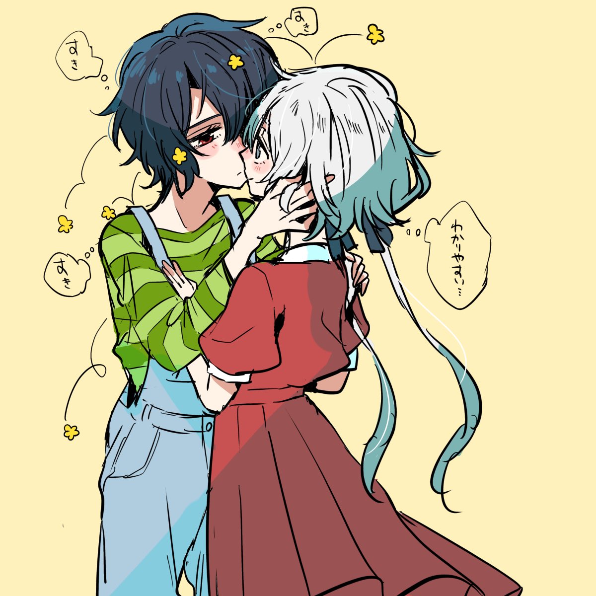 sakurada en, konno junko, mizuno ai, zombie land saga, commentary request, highres, translation request, 2girls, black hair, blue pants, closed mouth, dress, green shirt, grey eyes, hand in another's hair, hand on another's shoulder, imminent kiss, multiple girls, pants, red dress, red eyes, shirt, simple background, smile, speech bubble, suspenders, thought bubble, twintails, white hair, yellow background, yuri