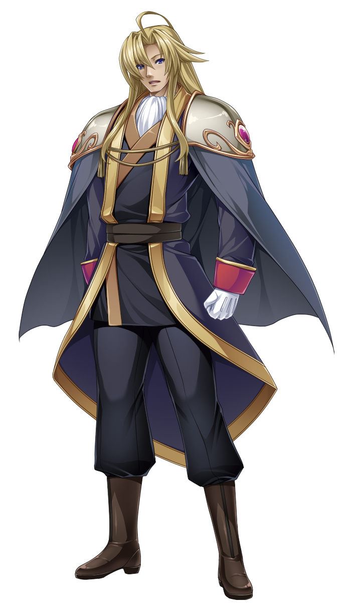 inoino, kouyoku senki exs-tia, game cg, highres, large variant set, non-web source, official art, variant set, 1boy, ahoge, armor, blonde hair, blue eyes, boots, cape, full body, gloves, long hair, looking at viewer, male focus, naiolo (exs-tia), open mouth, pants, pauldrons, purple eyes, shoulder armor, shoulder pads, solo, standing, tachi-e, transparent background, white gloves