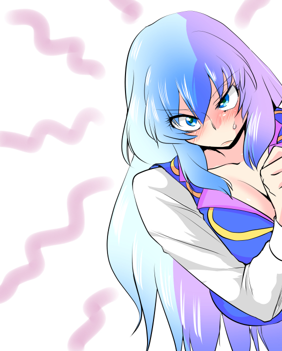 danna (karatekikku), kamishirasawa keine, touhou, commentary request, 1girl, angry, blue dress, blue eyes, blue hair, blush, breasts, cleavage, collar, dress, dutch angle, large breasts, long sleeves, purple collar, shirt, sweat, v-shaped eyebrows, white shirt