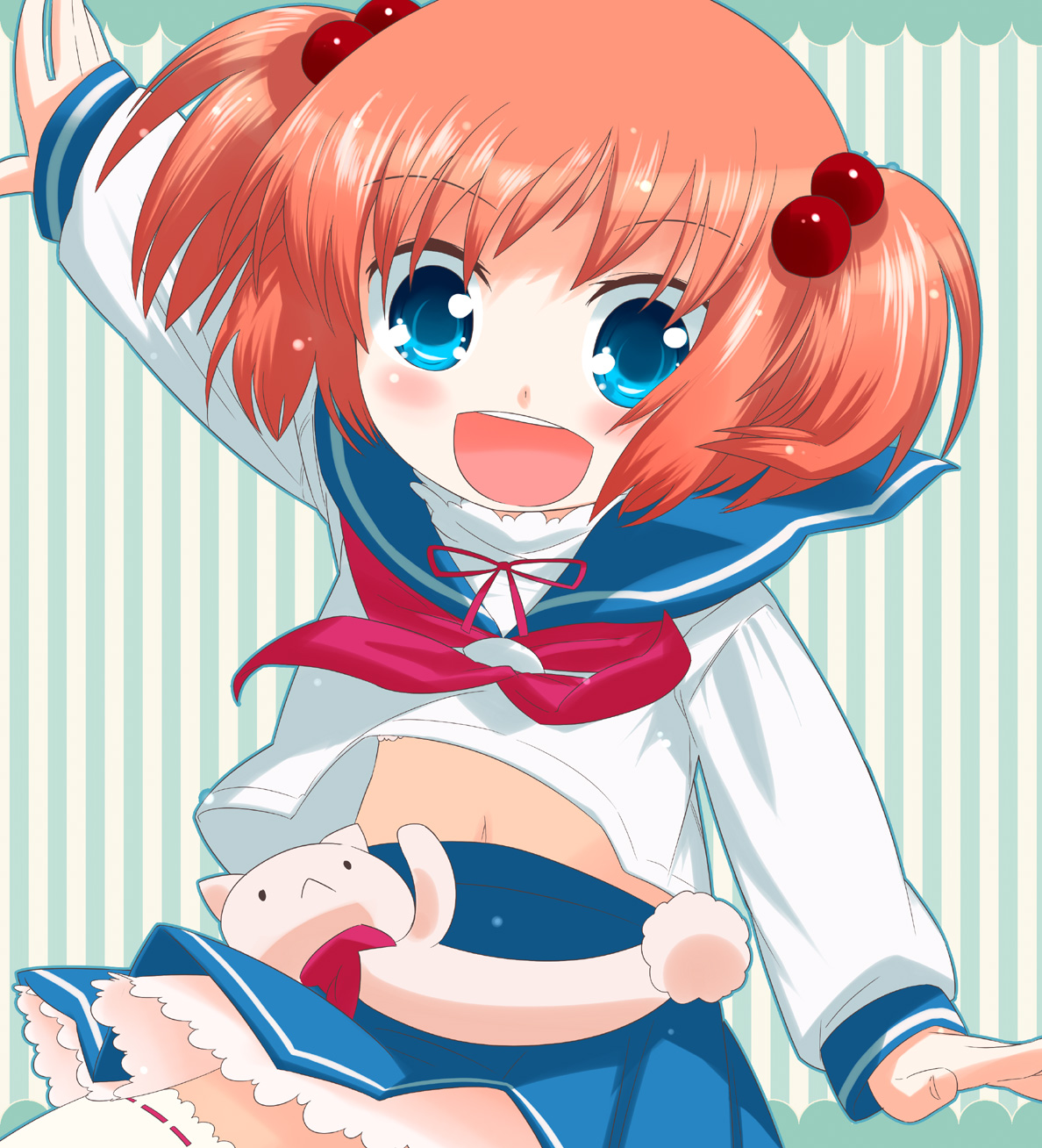 mizu asato, kataoka yuuki, saki (manga), highres, 00s, blue eyes, brown hair, hair bobbles, hair ornament, navel, school uniform, serafuku, short hair, short twintails, smile, solo, thighhighs, twintails, two side up, wide-eyed