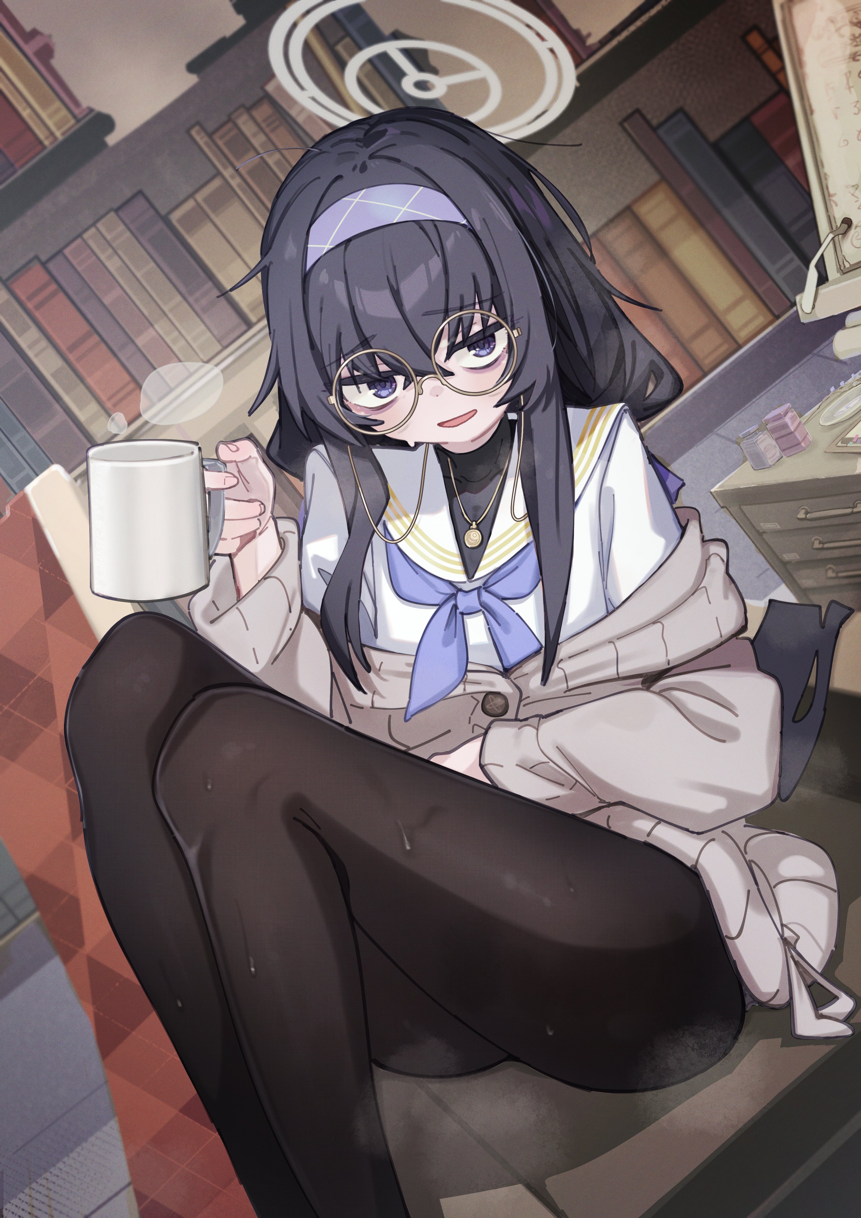 kilabo, ui (blue archive), blue archive, absurdres, commentary request, highres, 1girl, bags under eyes, black hair, black pantyhose, black sweater, blue eyes, blue hairband, blue neckerchief, bookshelf, cardigan, coffee mug, crossed bangs, cup, drawer, grey cardigan, grey halo, hair between eyes, hairband, halo, holding, holding cup, inkwell, jewelry, jitome, knees up, legs, library, long hair, long sidelocks, looking at viewer, messy hair, mug, neckerchief, necklace, off shoulder, open clothes, pantyhose, round eyewear, school uniform, serafuku, sidelocks, sitting, smile, solo, steam, steaming body, sweat, sweater, turtleneck, turtleneck sweater, very long hair, white serafuku