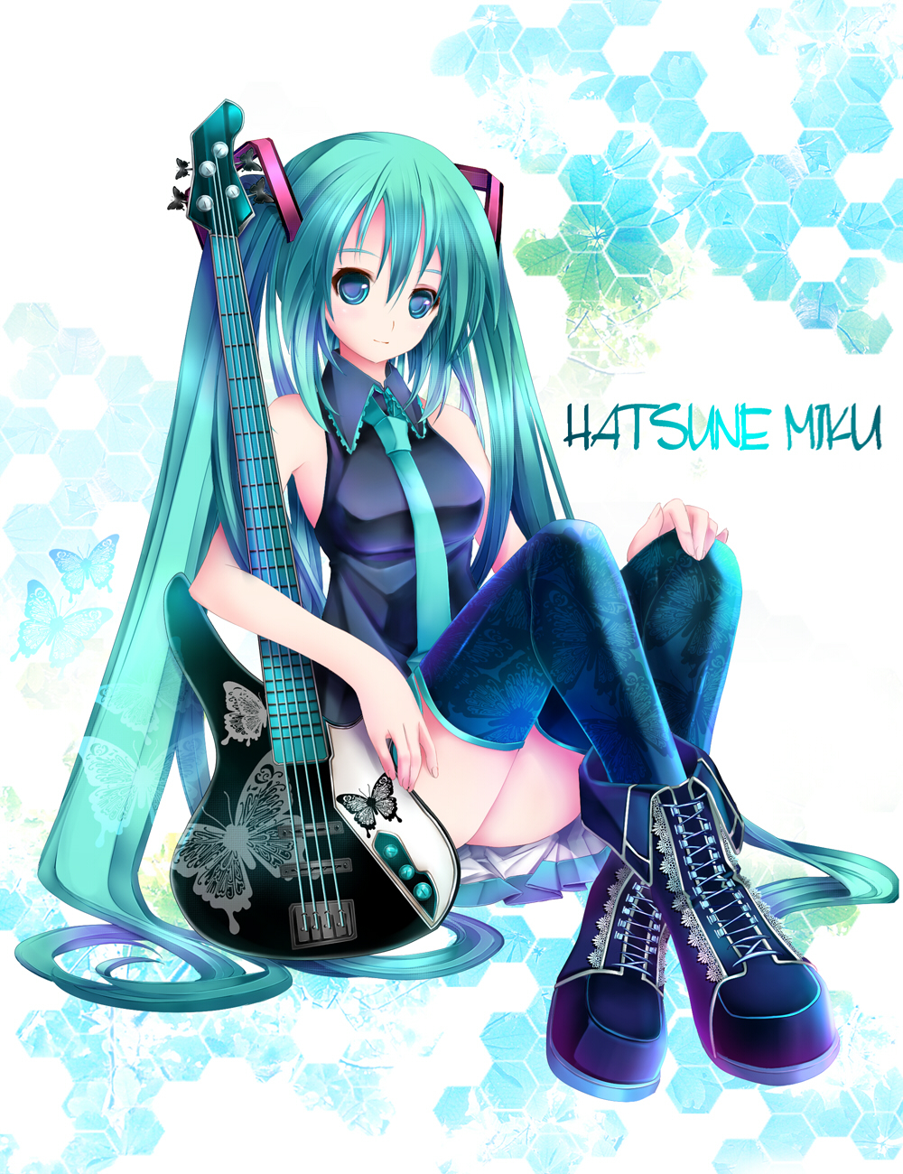 yuuki kira, hatsune miku, vocaloid, bad id, bad pixiv id, highres, 1girl, aqua eyes, aqua hair, bass guitar, boots, bug, butterfly, female focus, guitar, insect, instrument, legs, long hair, solo, thighhighs, twintails, very long hair