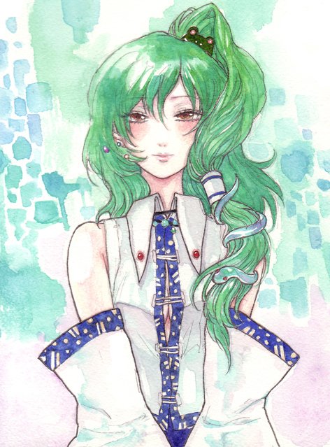 chihiro (kemonomichi), kochiya sanae, touhou, bad id, bad pixiv id, 1girl, detached sleeves, female focus, green hair, hair ornament, japanese clothes, long hair, miko, snake, solo, standing, yellow eyes