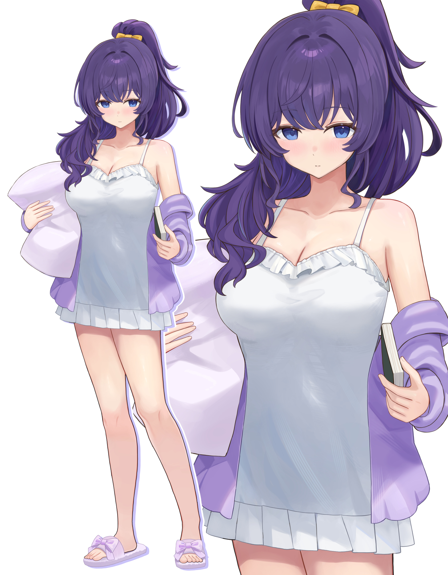 usagi melon3, asahina mafuyu, project sekai, commentary request, highres, 1girl, bare legs, blue eyes, blush, book, bow, breasts, chemise, cleavage, closed mouth, collarbone, cowboy shot, crossed bangs, drop shadow, frilled chemise, full body, hair bow, hair over shoulder, high ponytail, holding, holding book, holding pillow, jacket, large breasts, long hair, long sleeves, looking at viewer, no pants, off shoulder, open clothes, open jacket, orange bow, pillow, ponytail, purple hair, purple jacket, purple slippers, sidelocks, simple background, sleepwear, slippers, solo, spaghetti strap, standing, white background, white chemise, zoom layer