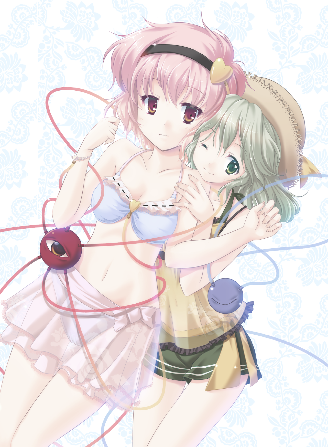 cetera, komeiji koishi, komeiji satori, touhou, bad id, bad pixiv id, highres, 2girls, female focus, green eyes, green hair, hairband, hat, heart, midriff, multiple girls, navel, pink hair, red eyes, sandals, short hair, siblings, sisters, straw hat, swimsuit, third eye