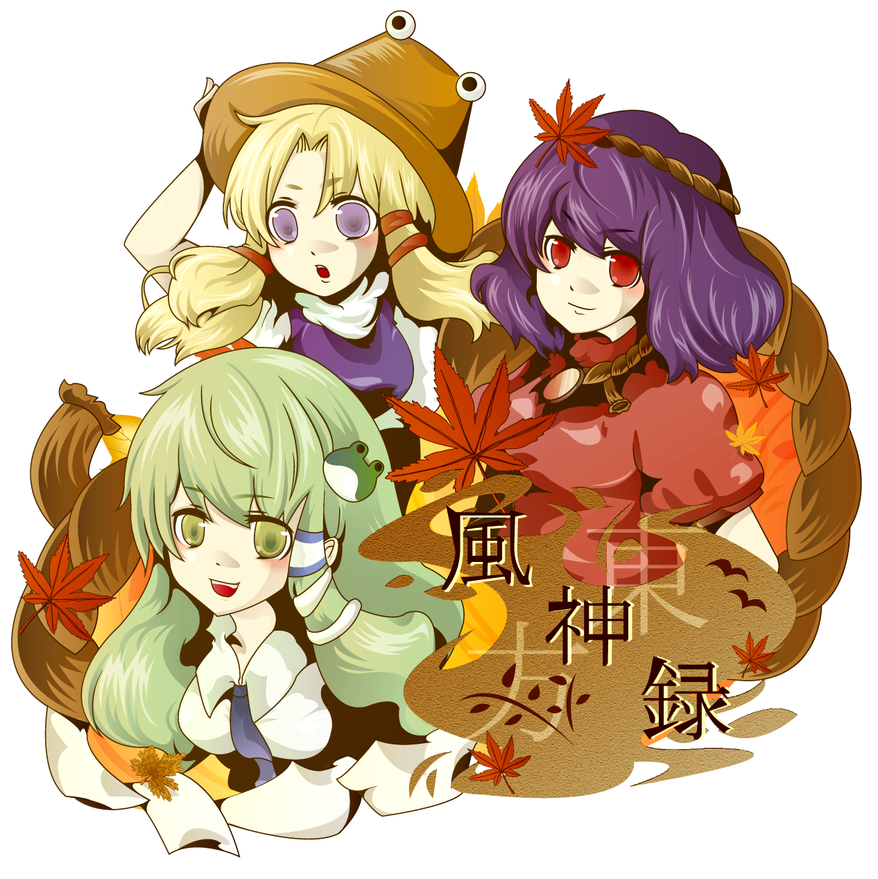 seo (xxkitoxx), kochiya sanae, moriya suwako, yasaka kanako, touhou, bad id, bad pixiv id, highres, 3girls, :o, blue eyes, blush, brooch, female focus, frog hair ornament, gem, hair ornament, jewelry, leaf hair ornament, looking at viewer, multiple girls, parted lips, puffy short sleeves, puffy sleeves, red eyes, short hair, short sleeves, simple background, white background