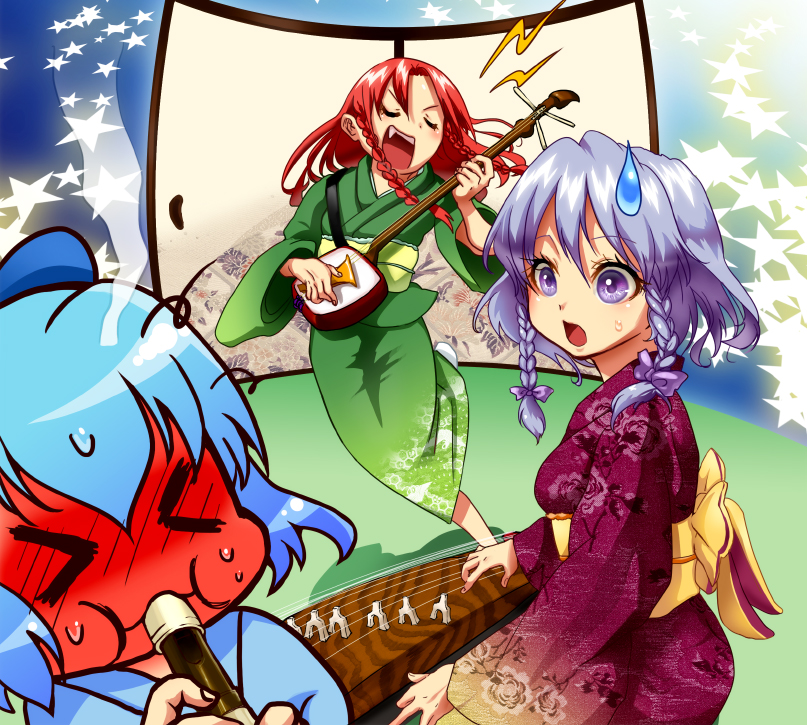 inuboe, cirno, hong meiling, izayoi sakuya, touhou, bad id, bad pixiv id, > <, 3girls, blush, closed eyes, instrument, japanese clothes, kimono, multiple girls, no headwear, plectrum, shamisen