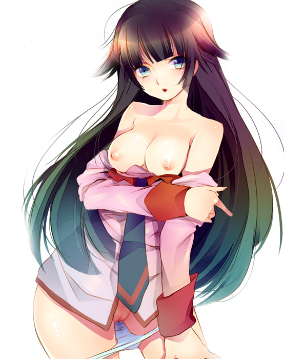 yachi waki, senjougahara hitagi, bakemonogatari, monogatari (series), bad id, bad pixiv id, 00s, 1girl, aqua hair, bare shoulders, blue eyes, breasts, clothes down, cowboy shot, female focus, gradient hair, long hair, long sleeves, multicolored hair, necktie, nipples, open mouth, panties, panty pull, purple hair, pussy, pussy juice stain, school uniform, simple background, solo, uncensored, underwear, white background