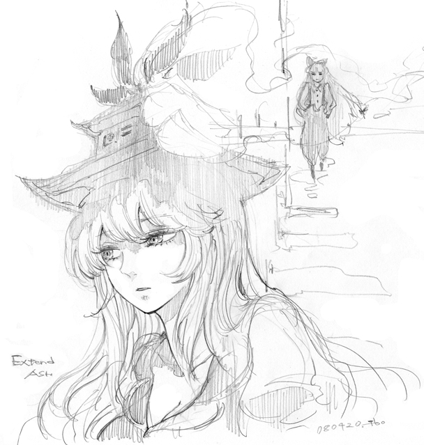 chihiro (kemonomichi), fujiwara no mokou, kamishirasawa keine, touhou, bad id, bad pixiv id, 2girls, female focus, greyscale, hat, monochrome, multiple girls, sketch, upper body, white background