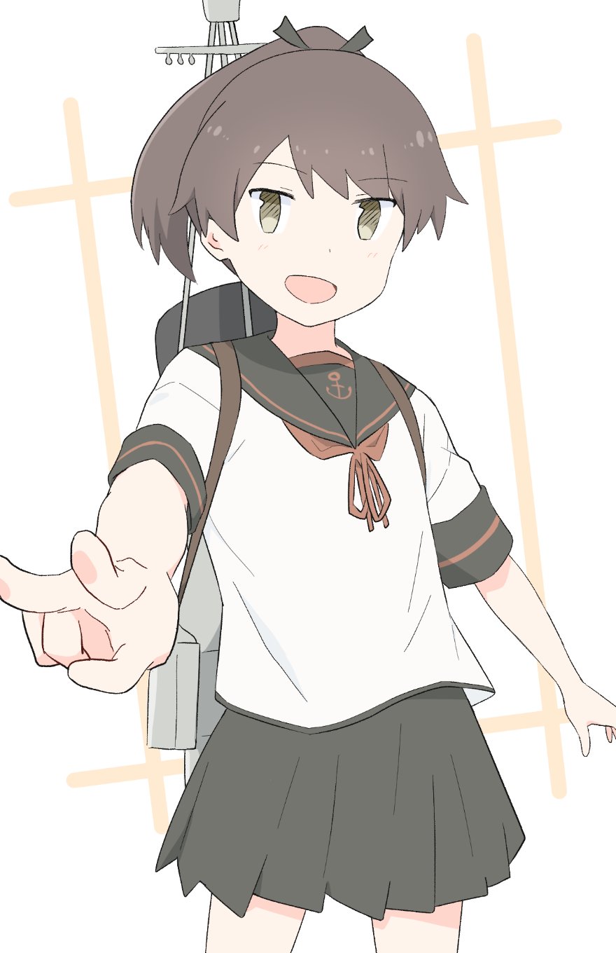 wachi (hati1186), shikinami (kancolle), shikinami kai ni (kancolle), kantai collection, commentary, highres, symbol-only commentary, 1girl, black sailor collar, black skirt, brown eyes, brown hair, brown neckerchief, cowboy shot, looking at viewer, machinery, neckerchief, pleated skirt, ponytail, sailor collar, sailor shirt, school uniform, serafuku, shirt, short hair, skirt, smile, solo, standing, v, white shirt