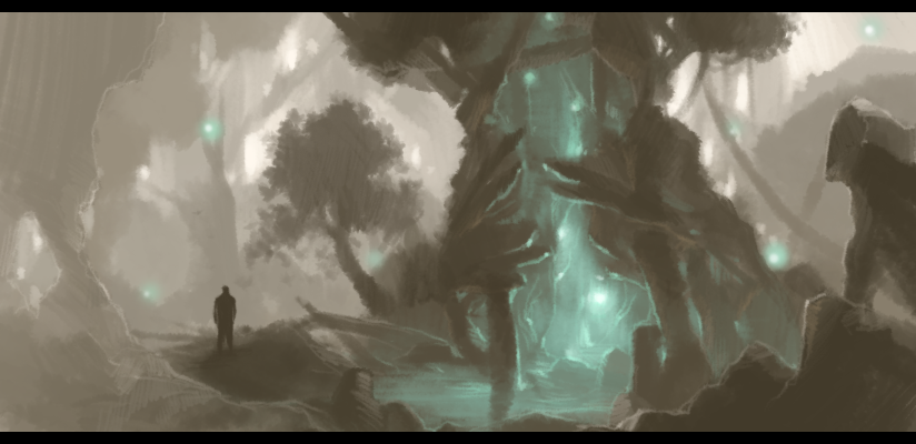 bcd, forest, glowing, landscape, letterboxed, monochrome, nature, scenery, sepia, shadow, solo, spot color, tree