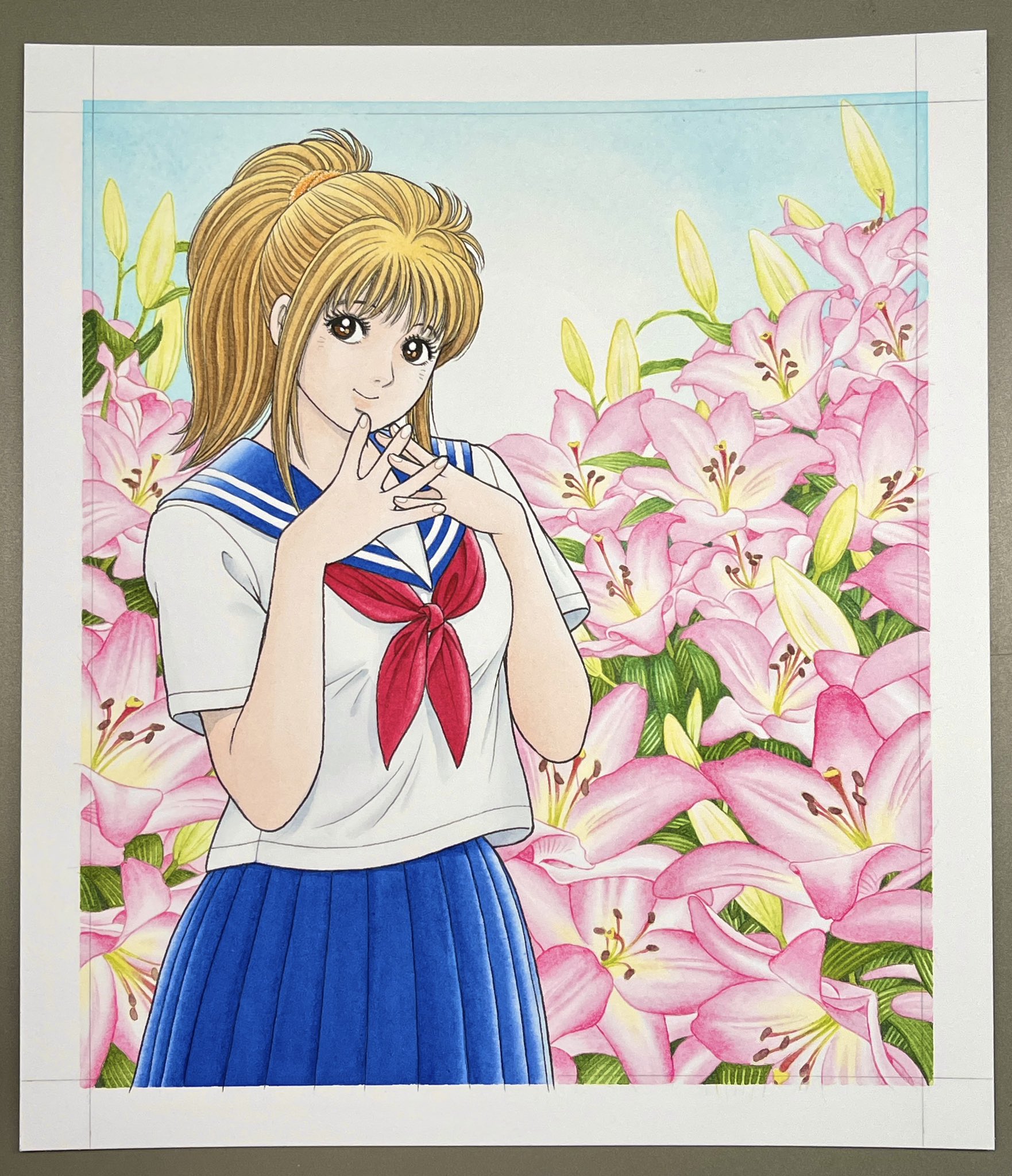 miura mitsuru, commentary request, highres, traditional media, 1girl, blue sailor collar, blue skirt, border, brown eyes, brown hair, closed mouth, cowboy shot, flower, hanamaki maria, hands up, konbini maria, lily (flower), looking at viewer, medium hair, neckerchief, official artist extra, pink flower, pleated skirt, ponytail, red neckerchief, sailor collar, school uniform, serafuku, shirt, skirt, smile, solo, white border, white shirt