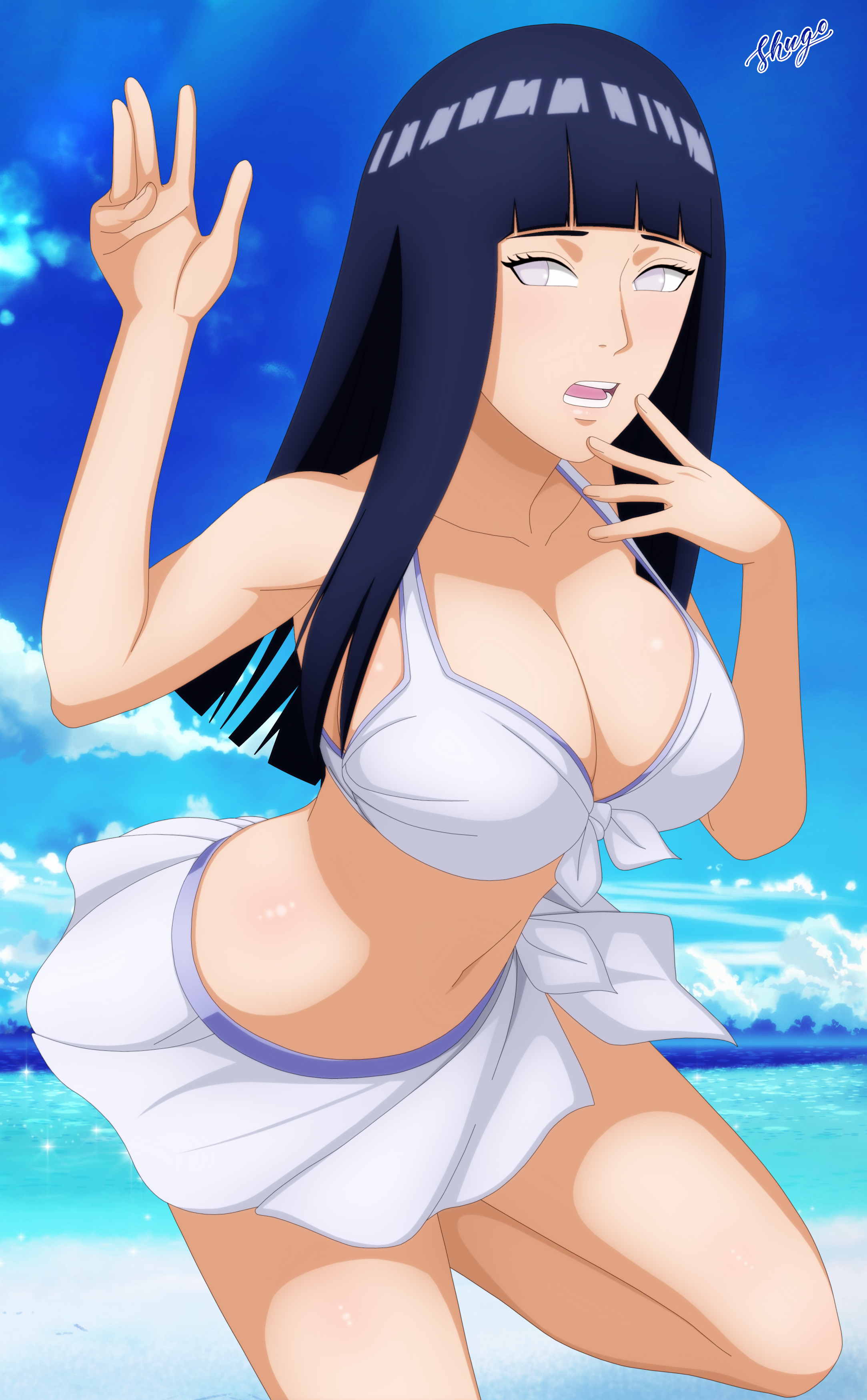 hyuuga hinata, naruto (series), naruto shippuuden, highres, 1girl, black hair, bra, breasts, long hair, open mouth, solo, swimsuit, underwear