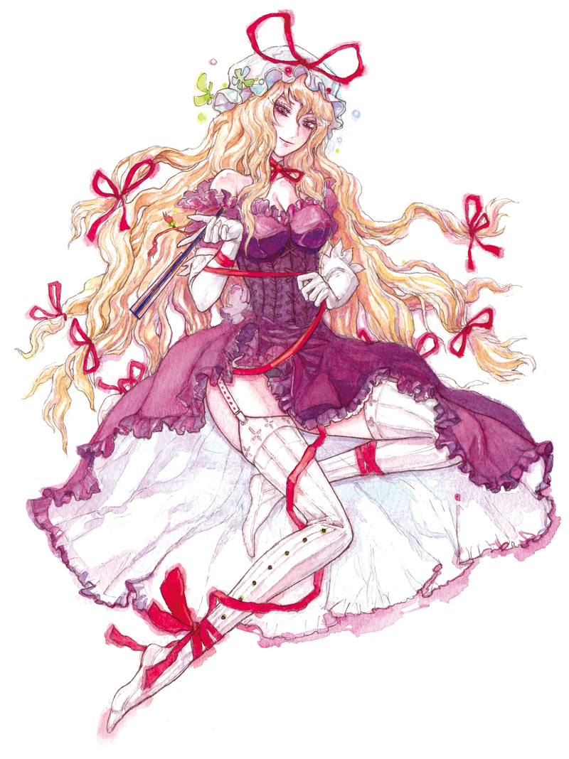 chihiro (kemonomichi), yakumo yukari, touhou, bad id, bad pixiv id, 1girl, bare shoulders, blonde hair, elbow gloves, female focus, folding fan, full body, garter straps, gloves, hair ribbon, hand fan, hat, lingerie, long hair, purple eyes, ribbon, solo, thighhighs, underwear, white background, white gloves, white thighhighs