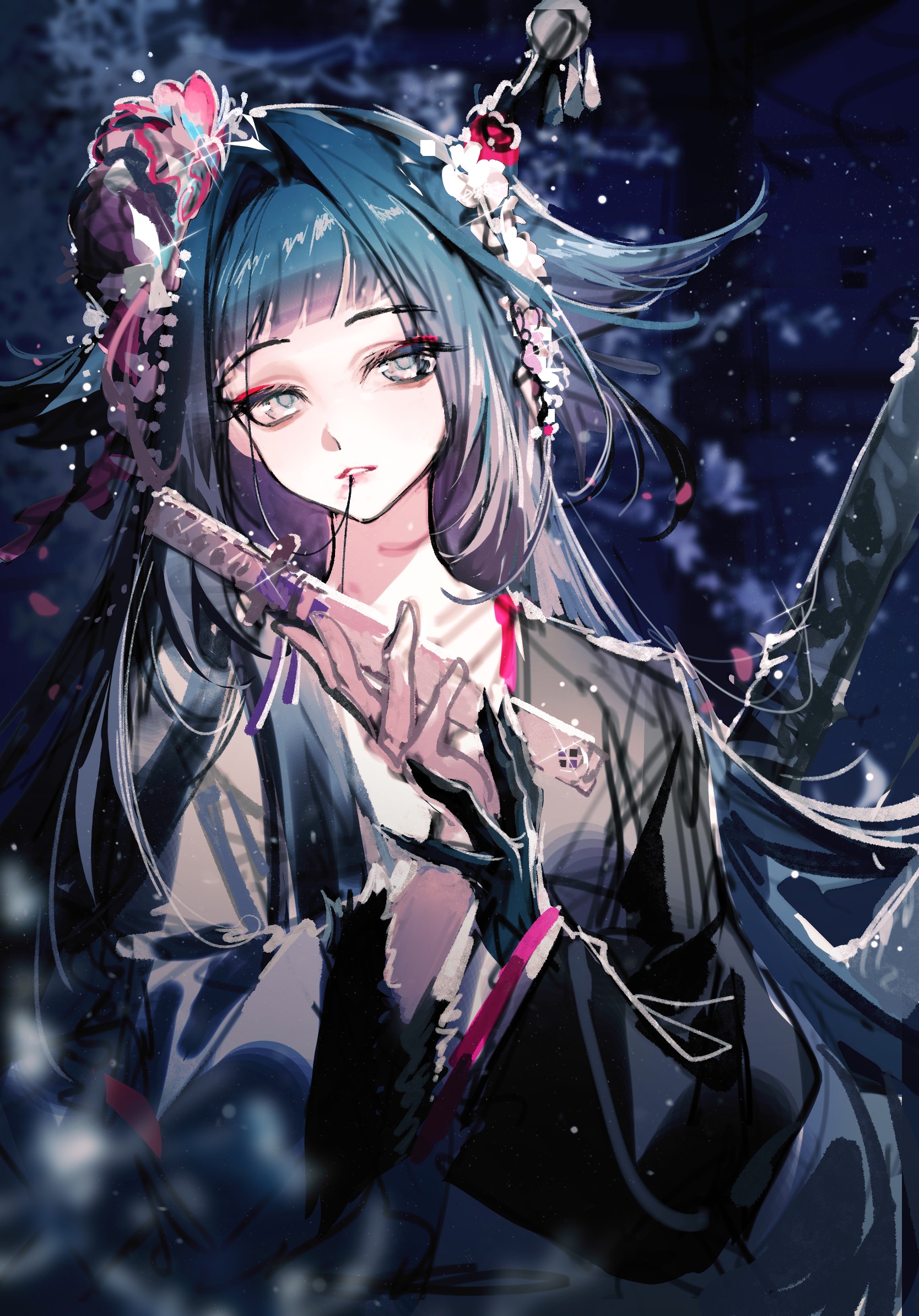 seven60755660, mio (arknights), arknights, chinese commentary, commentary request, highres, 1girl, black hair, black kimono, blue hair, blunt bangs, blurry, blurry background, flower, hair flower, hair in own mouth, hair intakes, hair ornament, hair wings, hands up, holding, holding sword, holding weapon, japanese clothes, katana, kimono, long hair, long sleeves, looking at viewer, parted lips, snow, solo, sparkle, sword, two-tone kimono, upper body, weapon