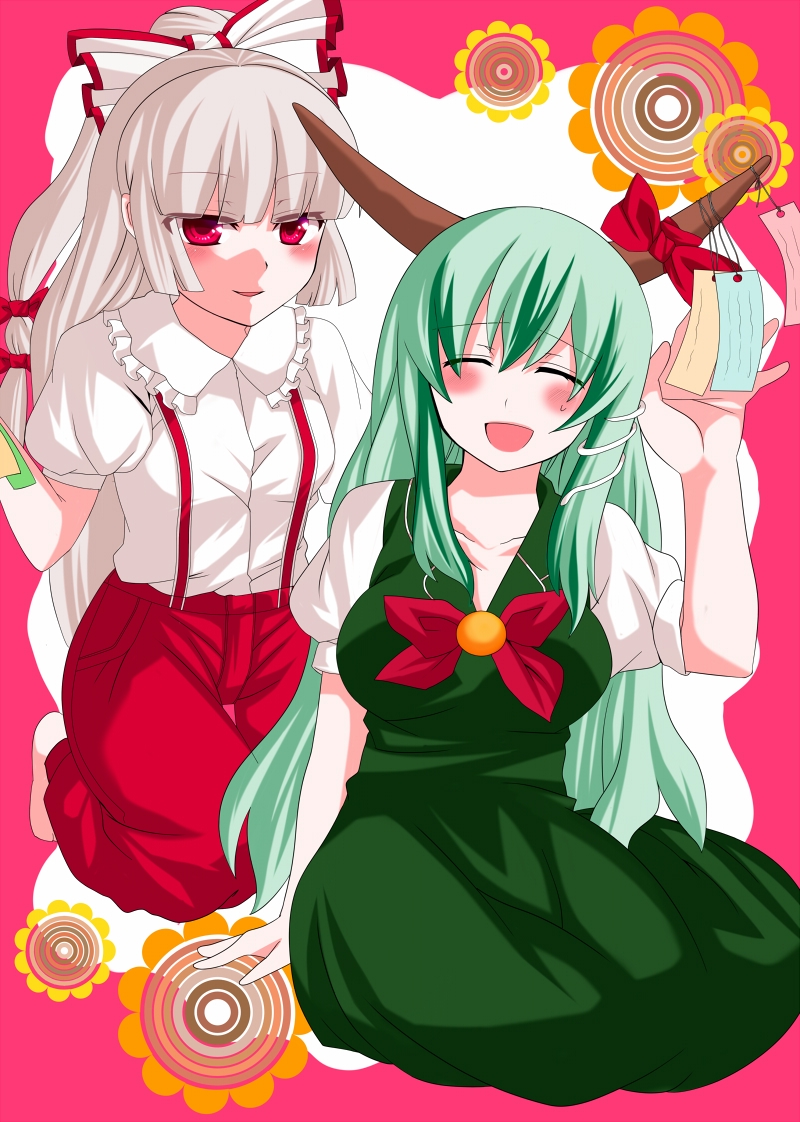 n-mix, ex-keine, fujiwara no mokou, kamishirasawa keine, touhou, 2girls, blush, female focus, horns, kneeling, multiple girls, ribbon, sitting