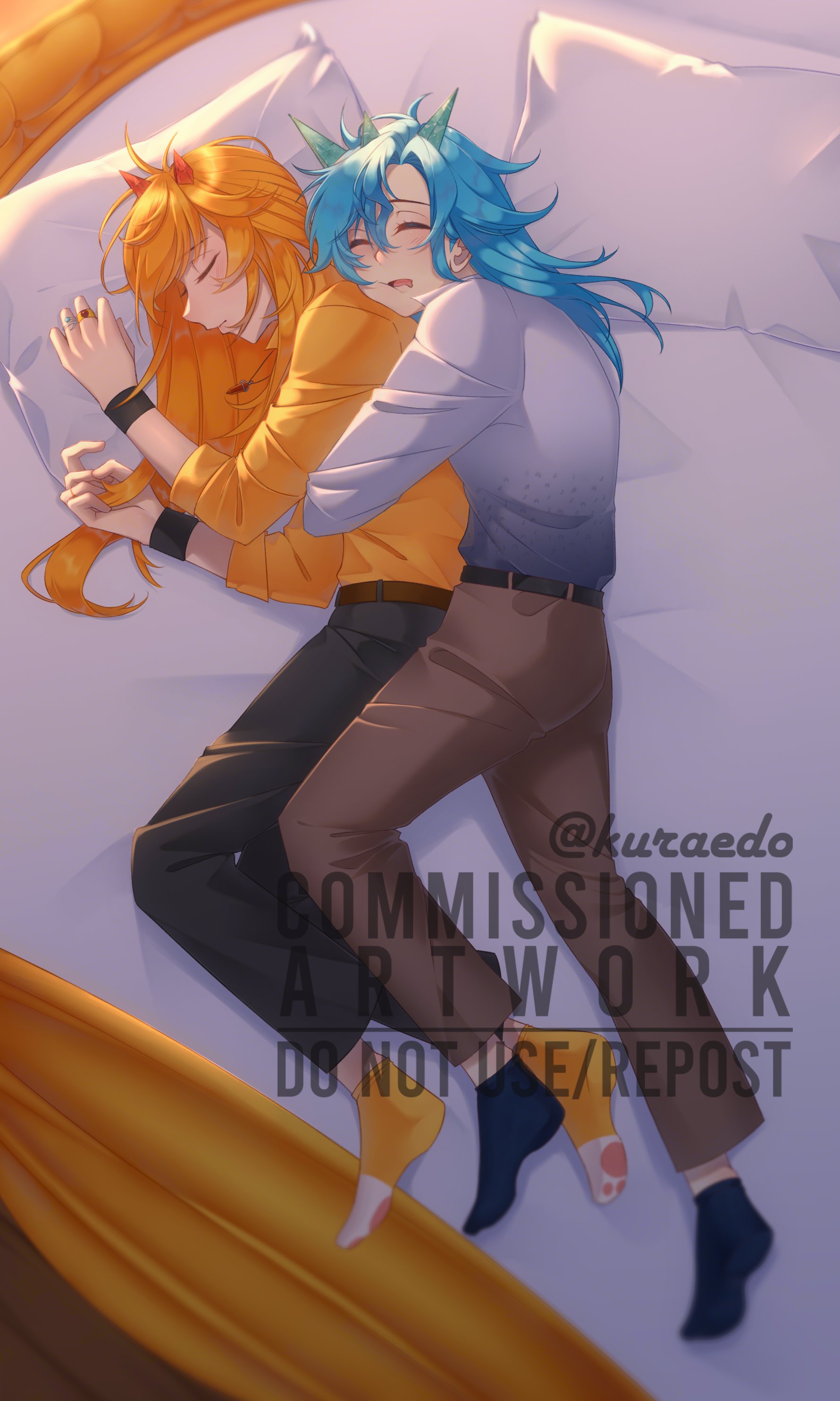 kuraedo, original, absurdres, commentary, commission, english commentary, highres, vgen commission, 2boys, black pants, black socks, blue hair, brown pants, closed eyes, drooling, grey shirt, head on pillow, horns, hug, hug from behind, jewelry, long hair, male focus, mouth drool, multiple boys, multiple rings, necklace, no shoes, on bed, open mouth, orange hair, orange shirt, orange socks, pants, pillow, ring, shirt, sleeping, socks, yaoi