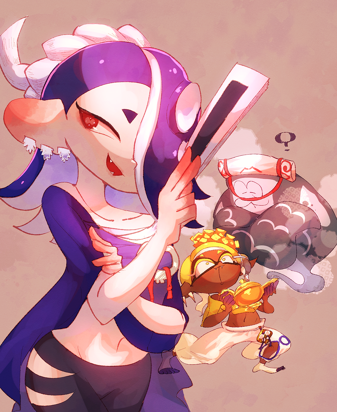 yukkyon kyon, big man (splatoon), frye (deep cut outfit) (splatoon), frye (splatoon), shiver (deep cut outfit) (splatoon), shiver (splatoon), nintendo, splatoon (series), splatoon 3, commentary request, highres, 1boy, 2girls, black pants, blonde hair, blue shawl, chest sarashi, constricted pupils, dark-skinned female, dark skin, earrings, fangs, fangs out, folded fan, folding fan, hair ornament, hair over one eye, hairband, hand fan, jewelry, multiple earrings, multiple girls, navel, pants, purple hair, red eyes, sarashi, shawl, short eyebrows, smile, standing, thick eyebrows, tooth earrings, torn clothes, torn pants, very dark skin, white hairband, white pants, x hair ornament