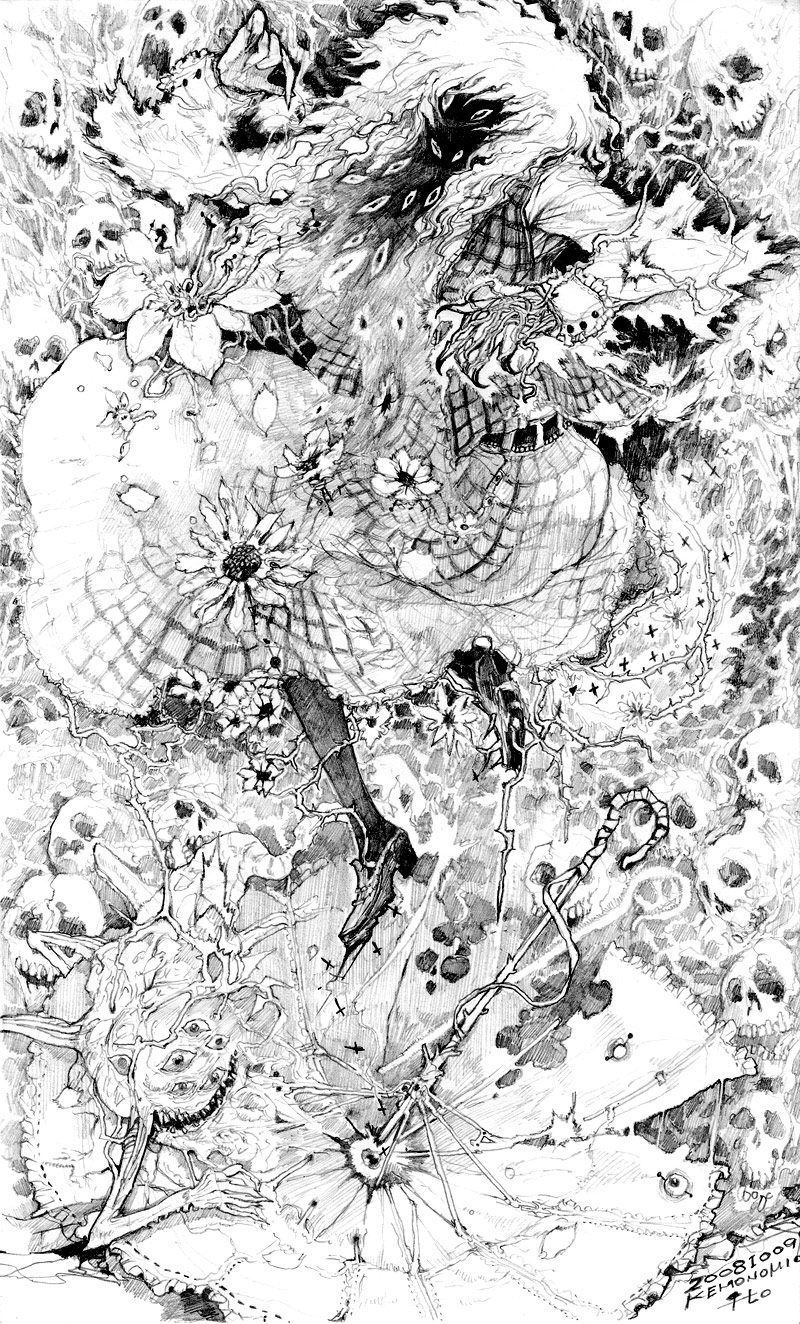chihiro (kemonomichi), kazami yuuka, touhou, highres, traditional media, 1girl, creature, creepy, extra eyes, faceless, female focus, flower, greyscale, horror (theme), monochrome, parasol, plaid clothes, plaid skirt, plaid vest, skirt, skirt set, skull, solo, thorns, umbrella, vest
