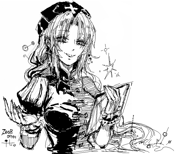 chihiro (kemonomichi), yagokoro eirin, touhou, bad id, bad pixiv id, 1girl, breasts, female focus, greyscale, hat, monochrome, oekaki, solo, upper body, white background