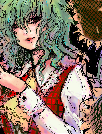 chihiro (kemonomichi), kazami yuuka, touhou, bad id, bad pixiv id, lowres, 1girl, ascot, blouse, female focus, flower, green hair, lips, messy hair, plaid clothes, plaid vest, red eyes, shirt, smile, solo, sunflower, upper body, vest