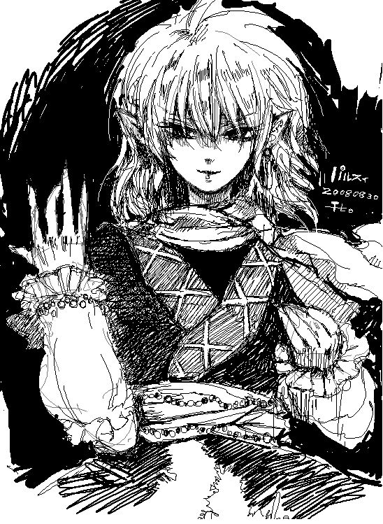 chihiro (kemonomichi), mizuhashi parsee, touhou, bad id, bad pixiv id, 1girl, female focus, greyscale, monochrome, pointy ears, scarf, solo