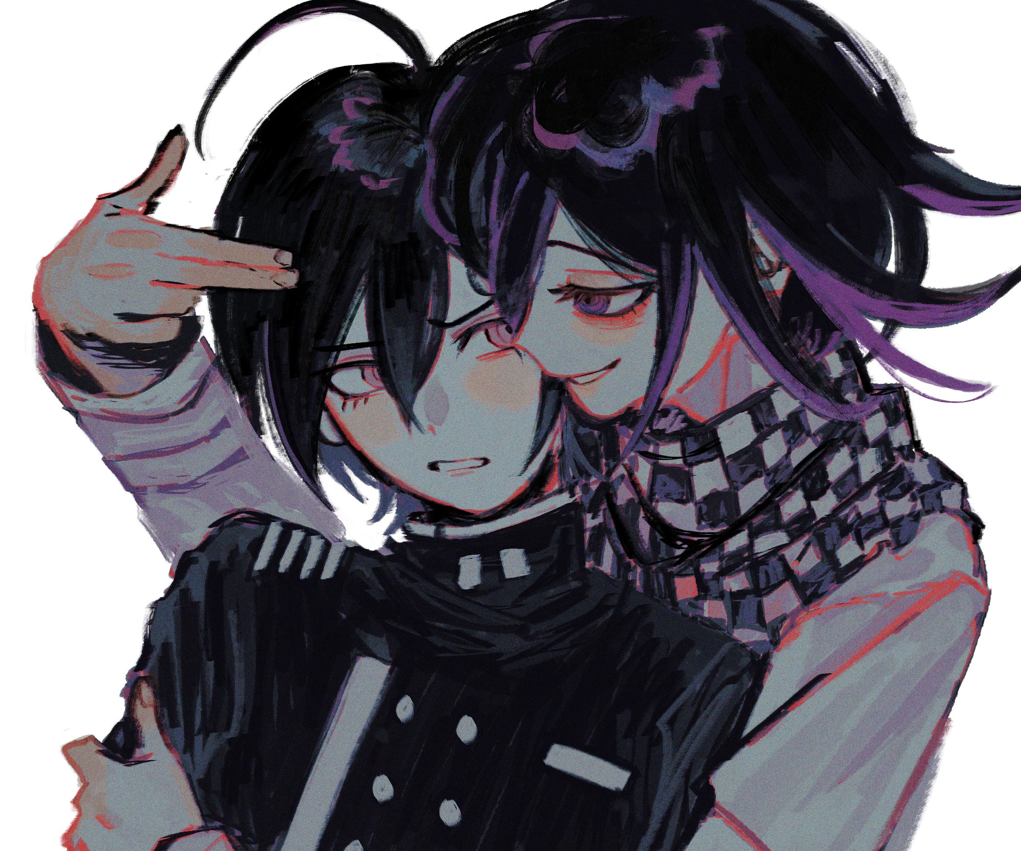ff9900, oma kokichi, saihara shuichi, danganronpa (series), danganronpa v3: killing harmony, commentary, english commentary, highres, redrawn, 2boys, ahoge, black hair, blush, buttons, checkered clothes, checkered scarf, clenched teeth, eyelashes, finger gun, flipped hair, grin, hair between eyes, hug, hug from behind, jacket, long sleeves, looking at another, male focus, medium hair, multiple boys, purple eyes, purple hair, ringed eyes, scarf, short hair, simple background, smile, smirk, teeth, two-tone scarf, upper body, white background, yaoi