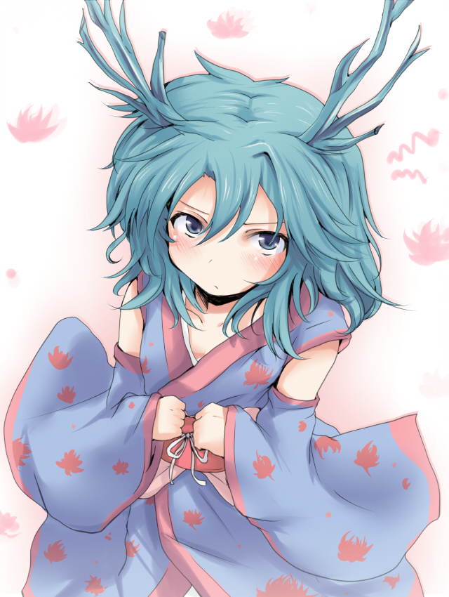 nejime, sashiromiya sasha, original, touhou, bad id, bad pixiv id, 1girl, blue eyes, blue hair, blue kimono, blush, detached sleeves, female focus, japanese clothes, kimono, matching hair/eyes, short hair, solo, yukata