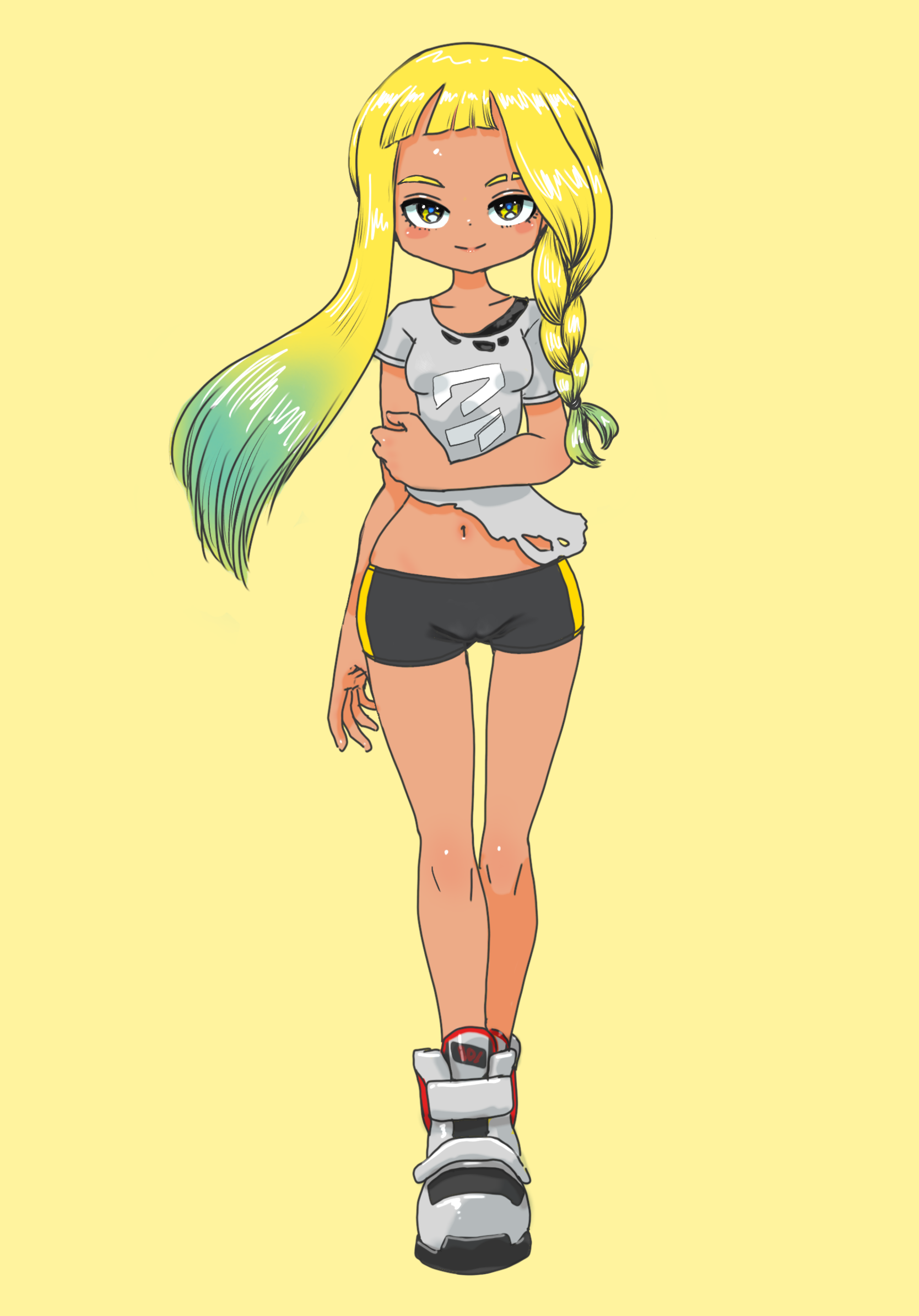 koharu2.5, inkling girl, inkling player character, nintendo, splatoon (series), splatoon 3, commentary request, highres, 1girl, bike shorts, black shorts, blonde hair, blush, colored tips, dark-skinned female, dark skin, eyebrow cut, full body, green hair, grey shirt, humanization, long hair, looking at viewer, multicolored hair, navel, shirt, shorts, simple background, solo, standing, straight-on, torn clothes, torn shirt, two-tone hair, yellow background, yellow eyes