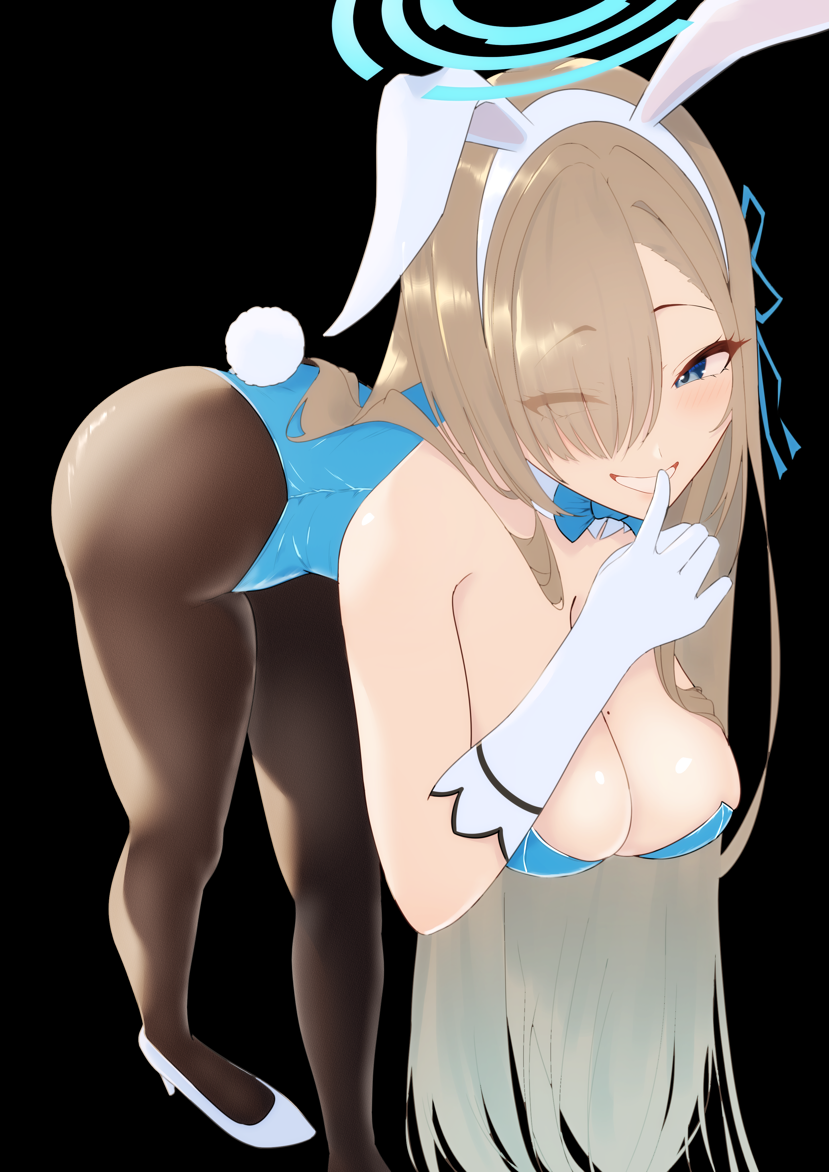 nonokuro no96, asuna (blue archive), asuna (bunny) (blue archive), blue archive, absurdres, commentary request, highres, 1girl, animal ear hairband, animal ears, bare shoulders, black background, blonde hair, blue bow, blue bowtie, blue eyes, blue halo, blue leotard, blush, bow, bowtie, breasts, cleavage, detached collar, eyes visible through hair, fake animal ears, fake tail, gloves, grin, hair over one eye, hairband, halo, kneeling, large breasts, leotard, long hair, looking at viewer, official alternate costume, pantyhose, playboy bunny, rabbit ear hairband, rabbit ears, rabbit tail, shoes, smile, solo, tail, very long hair, white gloves, white shoes