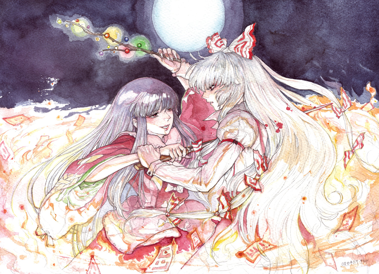 chihiro (kemonomichi), fujiwara no mokou, houraisan kaguya, touhou, traditional media, 2girls, battle, black hair, blood, female focus, fire, hair ribbon, impaled, long hair, moon, multiple girls, red eyes, ribbon, sword, weapon, white hair