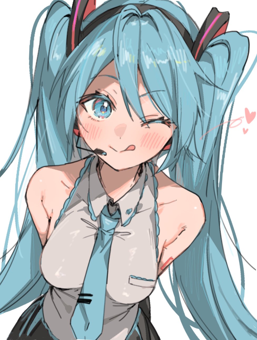 paragasu (parags112), hatsune miku, vocaloid, commentary request, highres, 1girl, aqua eyes, aqua hair, aqua necktie, black skirt, breasts, collarbone, collared shirt, hair between eyes, heart, leaning forward, long hair, medium breasts, microphone, necktie, one eye closed, pleated skirt, shirt, simple background, skirt, sleeveless, sleeveless shirt, solo, tongue, tongue out, twintails, white background
