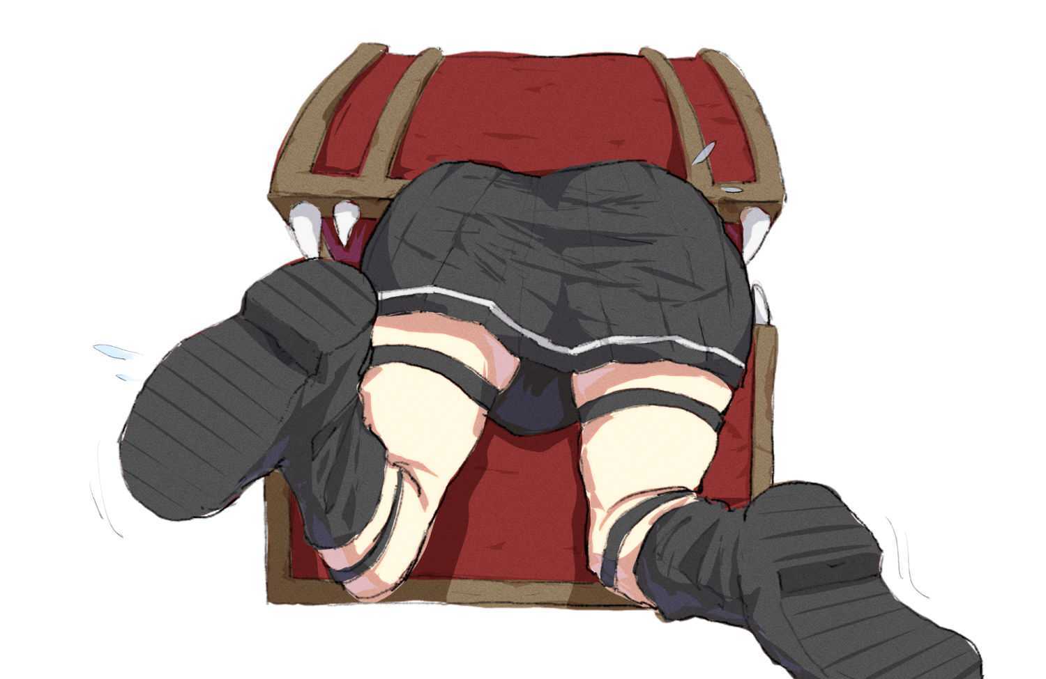 kaneko ryou, mimic chest, ubel (sousou no frieren), sousou no frieren, commentary request, 1girl, ass, black boots, boots, flying sweatdrops, kneepits, mimic, sharp teeth, simple background, solo, stuck, teeth, white background