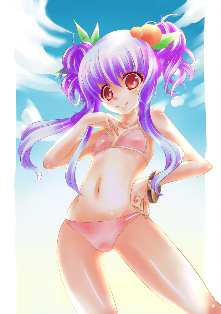 taoru, tarow, hinanawi tenshi, touhou, bad id, bad pixiv id, 1girl, bikini, blue hair, female focus, flat chest, food, food-themed clothes, food as clothes, fruit, peach, pink bikini, red eyes, short hair, solo, swimsuit