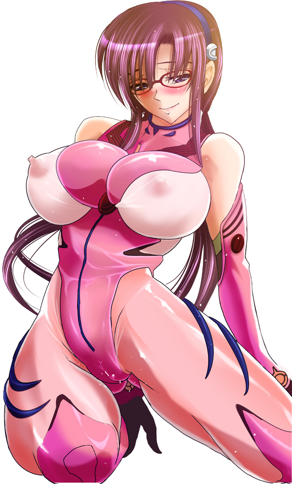 kawaraya a-ta, makinami mari illustrious, neon genesis evangelion, rebuild of evangelion, 00s, 1girl, alternate breast size (larger), blush, breasts, cameltoe, covered erect nipples, female focus, glasses, huge breasts, mecha pilot suit, nipples, plugsuit (evangelion), puffy nipples, see-through clothes, solo