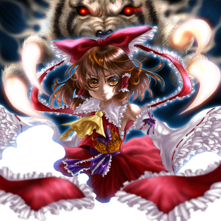inuboe, hakurei reimu, touhou, 1girl, bow, brown eyes, brown hair, detached sleeves, female focus, hair bow, japanese clothes, miko, short hair, solo, wolf
